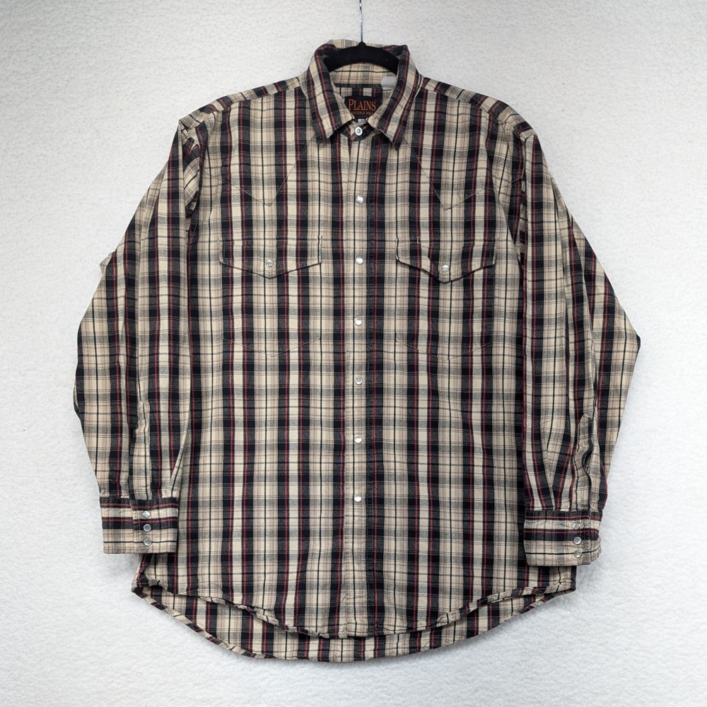 Plains Western Wear Plaid Shirt‎ Mens L Beige Black Red Long Sleeve Button Up